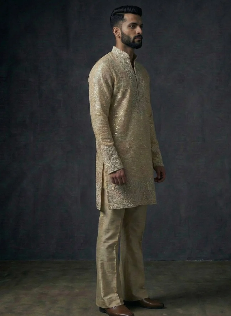 Lehar Men's Ivory & Gold Hand-Embroidered Silk Kurta Set